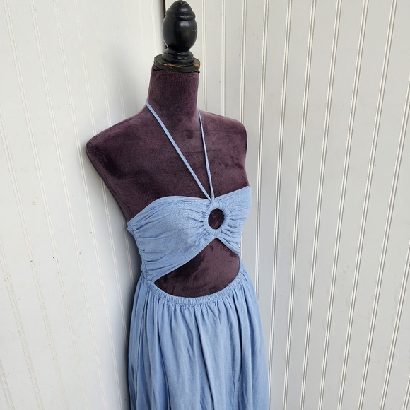 Labiz Blue Tie Neck Halter Linen Blend Maxi Long Dress Women's Cutout Sz S - Picture 2 of 16